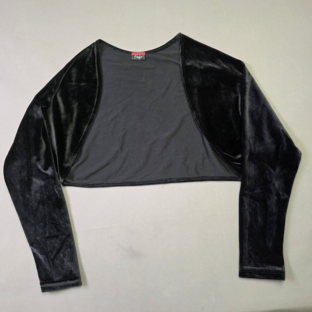 Simply Style Womens Black Velvet Long Sleeve Cropped Shrug Bolero Open Front